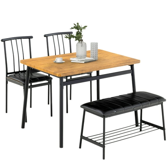 PAPROOS 4 Piece Dining Table Set, Dining Room Table Set with Metal Frame, Wooden Top and Faux Leather Upholstered Seat, Dinette Set for Breakfast Nook, Kitchen Table with 2 Chairs & 1 Bench Set, Brown