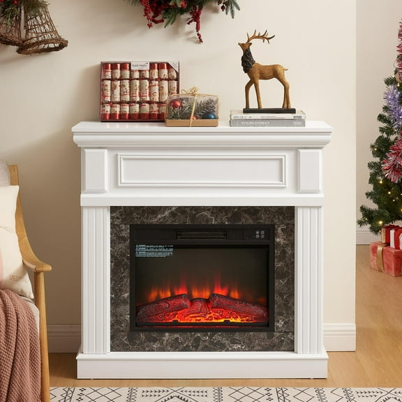 PAPROOS 41” Electric Fireplace with Mantel, Freestanding Electric Fireplace Heater with Remote Control, Adjustable Flame, Timer, Wooden Surround with Fireplace Insert for Living Room, 1400W, White