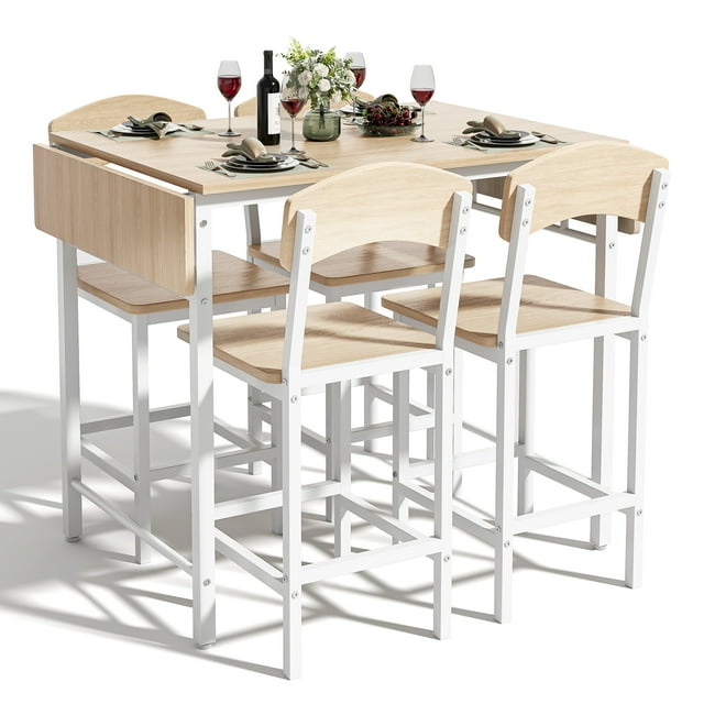 PAPROOS Dining Table Set for 4, Counter Height Drop Leaf Dining Table and 4 Stools Set, 5 Piece Dinner Table and Chairs Set for Kitchen Dining Room Breakfast Nook, Natural&Black