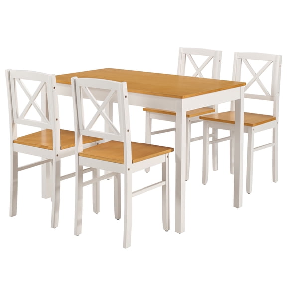 PAPROOS Solid Wood Dining Table Set for 4, 5-Piece Rubberwood Kitchen Dining Table Set with 4 Chairs, Easy to Clean, Farmhouse Dining Room Set for Small Spaces, Walnut&White