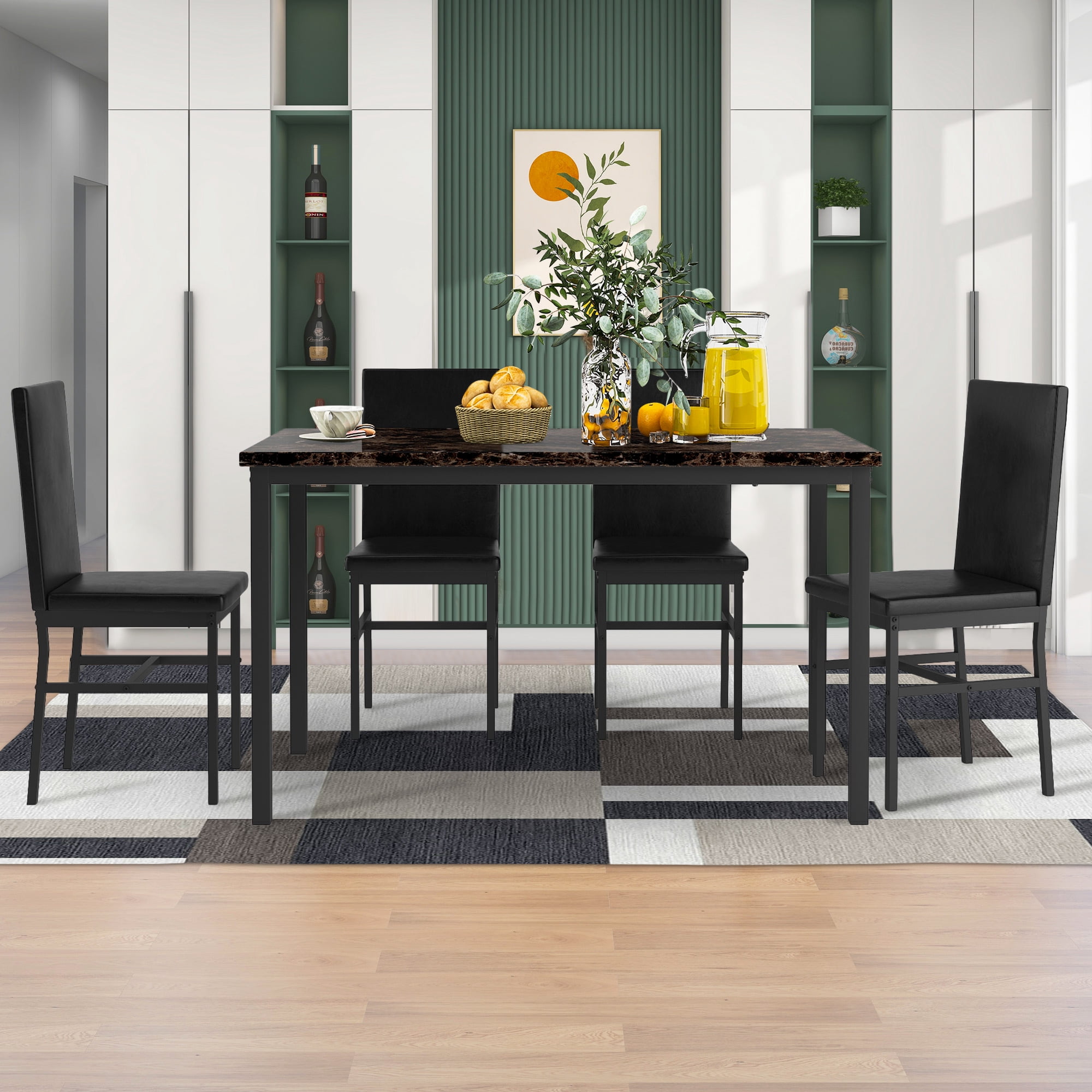 PAPROOS 4Piece Dining Table Set, Faux Marble Top, Leather Chairs, for