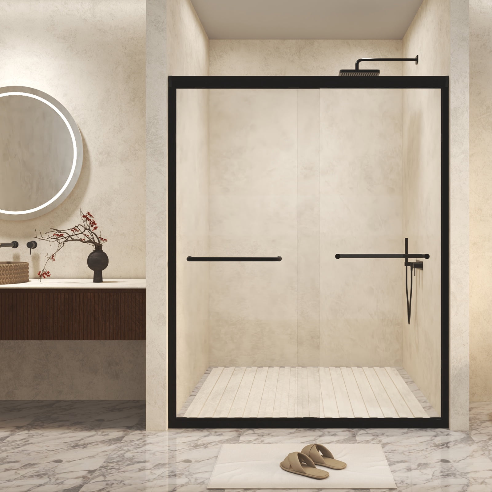 PAPROOS 56”-60”W x 76”H Frameless Sliding Shower Door, Bypass Bathroom Shower Door with 1/4 inch Tempered Glass, Adjustable Bathroom Doors with ANSI-Certified for Walk-in Shower, Brushed Gold