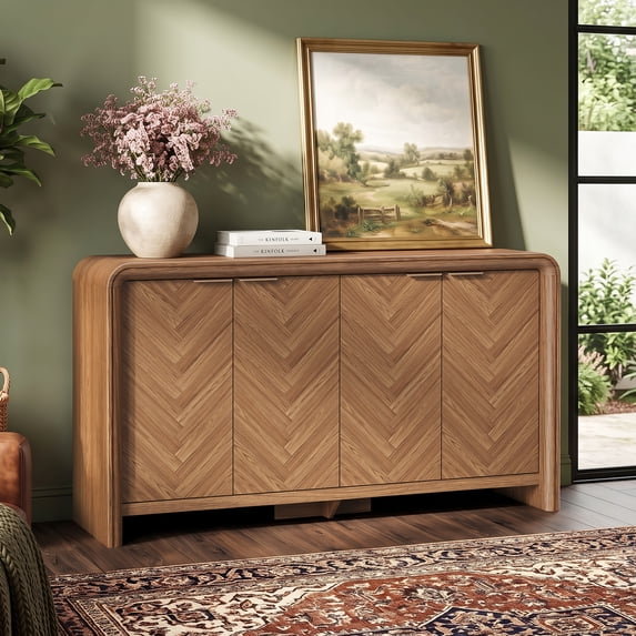 PAPROOS 55" Sideboard Cabinet, Herringbone Wooden 4-Door Buffet Cabinet with Storage for Kitchen, Dining Room, Living Room, Entryway