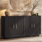 PAPROOS Sideboard, 55in Fluted Black Credenza Buffet Cabinet with 4 Doors & 2 Adjustable Shelves, for Kitchen Dining Room Entryway