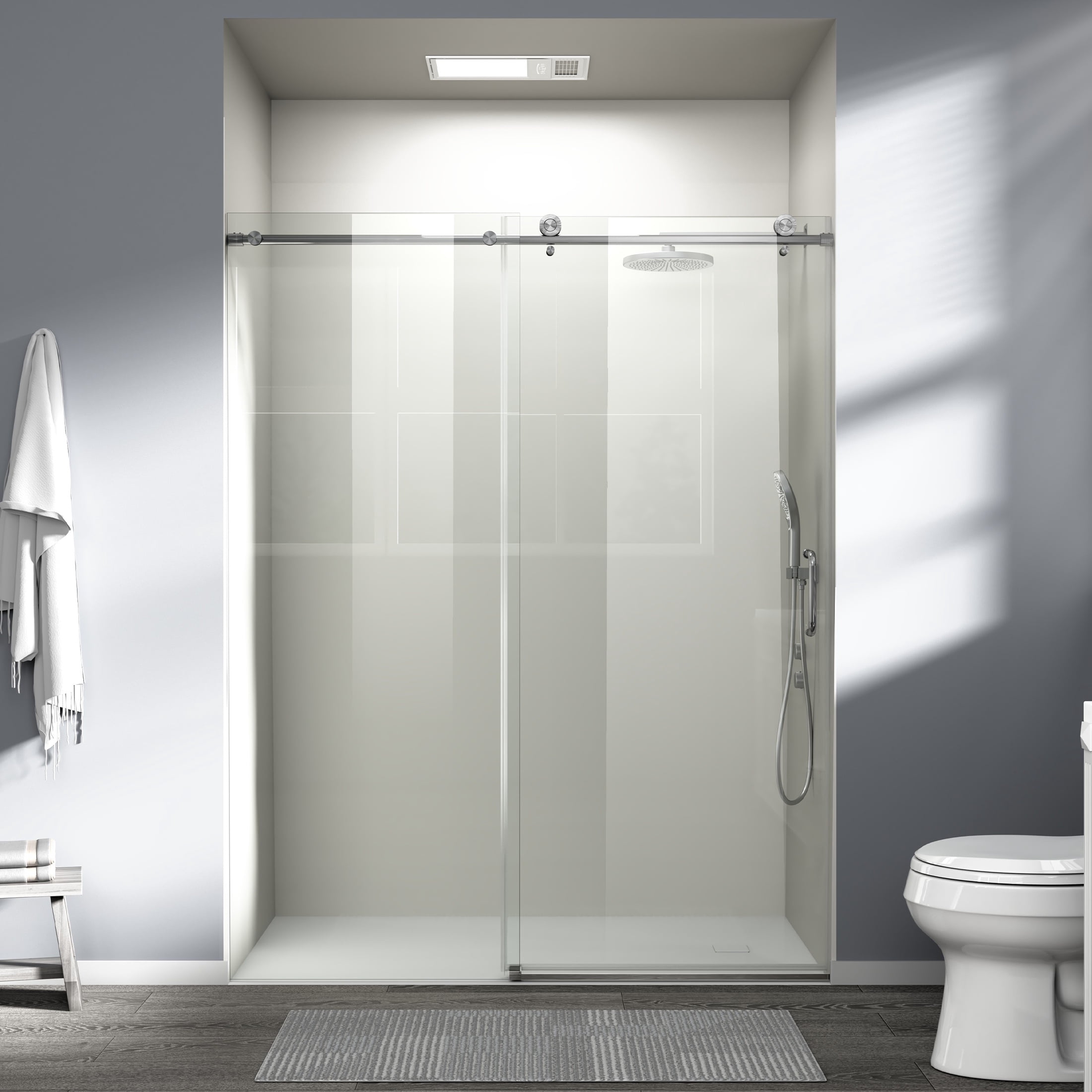 PAPROOS 56”-60”W x 76”H Frameless Sliding Shower Door, Bypass Bathroom Shower Door with 1/4 inch Tempered Glass, Adjustable Bathroom Doors with ANSI-Certified for Walk-in Shower, Brushed Nickel