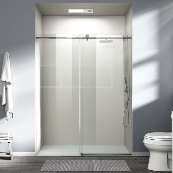 PAPROOS 56”-60”W x 76”H Frameless Sliding Shower Door, Bypass Bathroom Shower Door with 1/4 inch Tempered Glass, Adjustable Bathroom Doors with ANSI-Certified for Walk-in Shower, Brushed Nickel