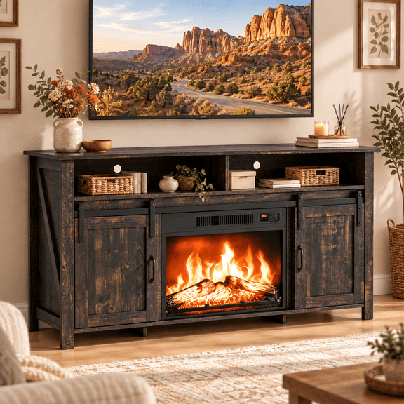 PAPROOS 58" Farmhouse Fireplace TV Stand with 23" Electric Fireplace, Sliding Barn Doors Entertainment Center with Adjustable Storage Shelves, Rustic Black