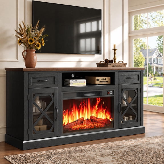 PAPROOS 59" Fireplace TV Stand for TVs up to 65", Farmhouse Entertainment Center with 23" Electric Fireplace, Drawers & Glass Cabinets, Black