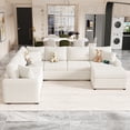 thumbnail image 1 of PAPROOS 6 Seat Sectional Chaise With a Storage Ottoman and 3 Pillows, 112.2" Sectional Sofa Pull-out Sofa Bed Sleeper with Charging Devices, U Shape Oversized Sectional Couch for Living Room, Cream, 1 of 9