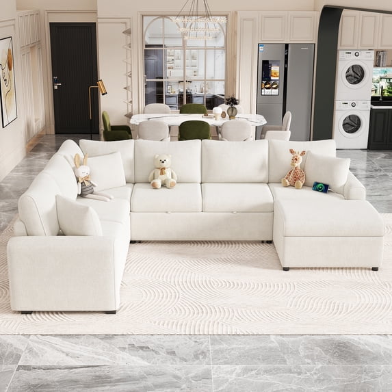 PAPROOS 6 Seat Sectional Chaise With a Storage Ottoman and 3 Pillows, 112.2" Sectional Sofa Pull-out Sofa Bed Sleeper with Charging Devices, U Shape Oversized Sectional Couch for Living Room, Cream