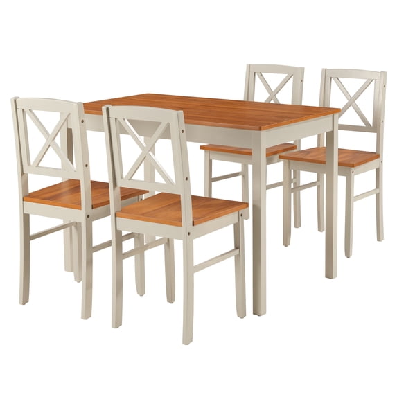 PAPROOS Solid Wood Dining Table Set for 4, 5-Piece Rubberwood Kitchen Dining Table Set with 4 Chairs, Easy to Clean, Farmhouse Dining Room Set for Small Spaces, Brown&Gray