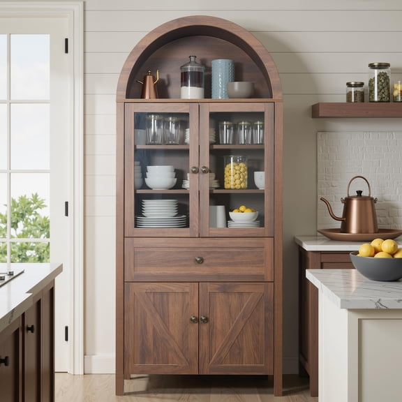 PAPROOS 71'' Arched Pantry Storage Cabinet, Kitchen Pantry Cabinet with Drawers and Doors, Adjustable Shelves, Display Cabinet for Dining Room Living Room, Walnut Brown