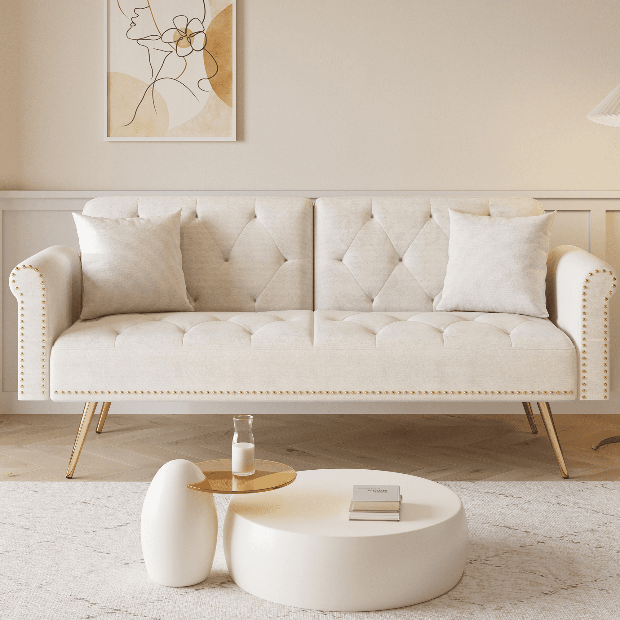 PAPROOS Beige Sofa Sleeper Couch, Loveseat Sofa with Pillows, Comfy Upholstered Deep Seat Sofa for Bedroom,Living Room,Apartment,Office,Dorm