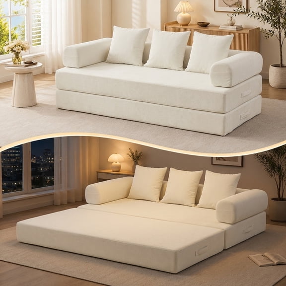 SESSLIFE Sofa Bed, Convertible Chenille Fabric Boneless Couch, Sleeper Sofa with Pillows & Storage Pocket, No Assembly Folding Pull Out Couch for Living Room, Beige