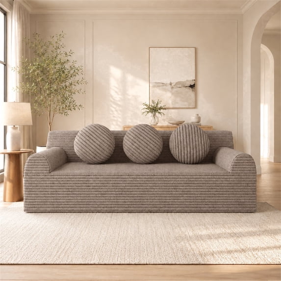 SESSLIFE 3 Seater Sofa Couch, Comfy Extra Deep Seat Cloud Couch with 3 Pillows and Side Pockets, Corduroy Low Profile Floor Sofa for Living Room, Compact No Assembly Couch, Camel