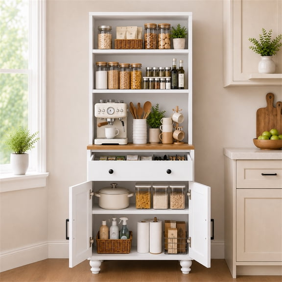 SESSLIFE Pantry Cabinet, 63" H Kitchen Pantry Storage Cabinet with 3 Open Shelves, Drawer & Adjustable Bottom Storage, Wood Kitchen Pantry Cabinet for Dining Room Living Room, White