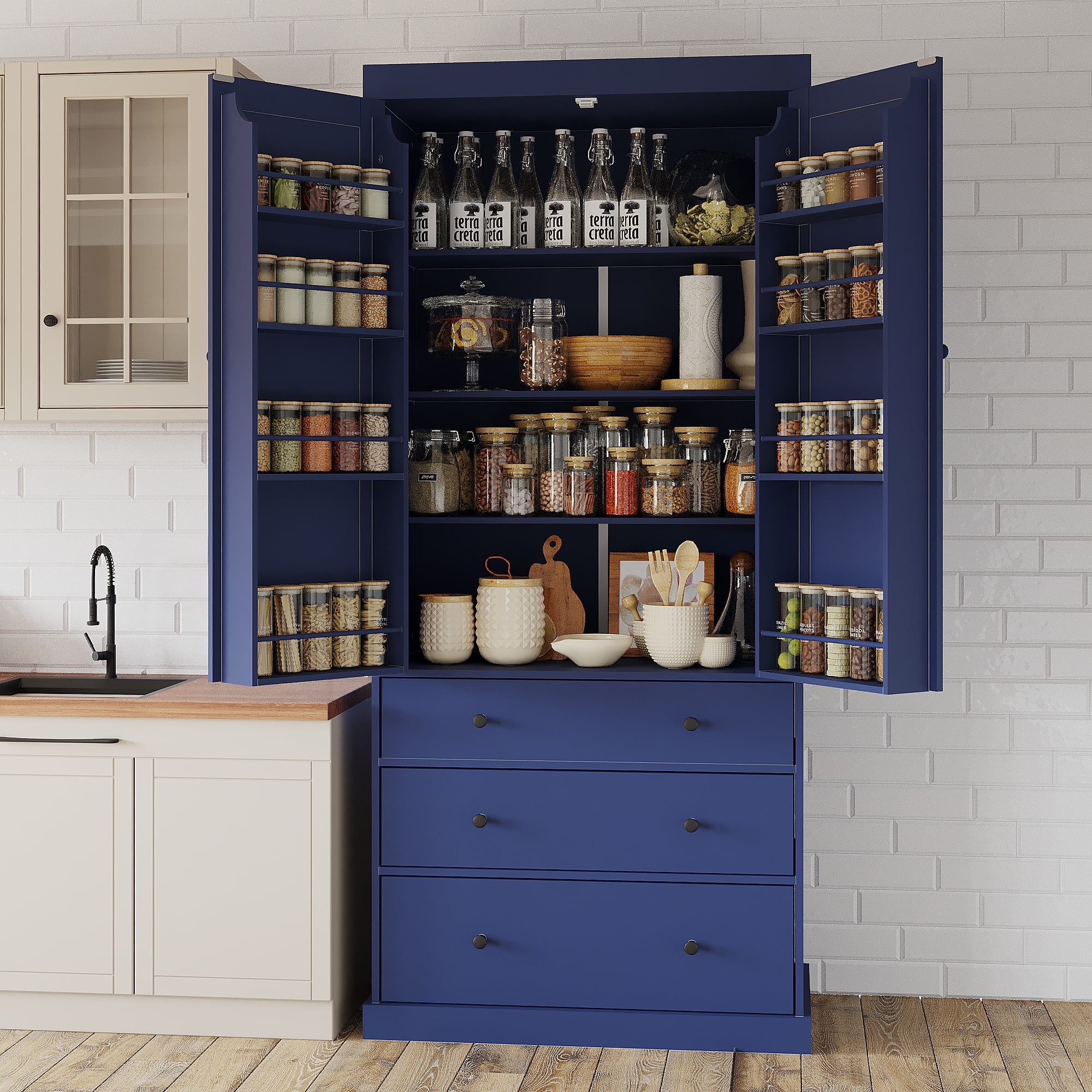 PAPROOS 77" Tall Kitchen Pantry Cabinet, Wood Pantry Storage Cabinet with 3 Drawers, 2 Doors, Farmhouse Cupboard Storage with 3 Adjustable Shelves, 8 Door Shelves for Dining Room, Craft Room, Blue