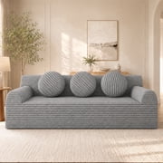 SESSLIFE 3 Seater Cloud Couch, Extra Deep Seat Corduroy Sofa with 3 Pillows and Side Pockets, Low Profile No Assembly Floor Couch for Living Room, 1200lbs, Light Grey