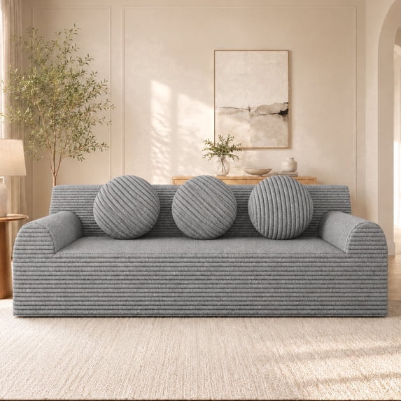 SESSLIFE 3 Seater Sofa Couch, Comfy Extra Deep Seat Cloud Couch with 3 Pillows and Side Pockets, Corduroy Low Profile Floor Sofa for Living Room, Compact No Assembly Couch, Light Grey