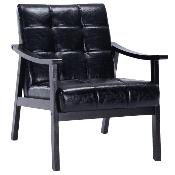 PAPROOS Accent Chair for Living Room, Mid-Century Modern Upholstered Reading Armchair with Solid Wood Arms, Comfy Bedroom Lounge Chair, Black-PU Leather