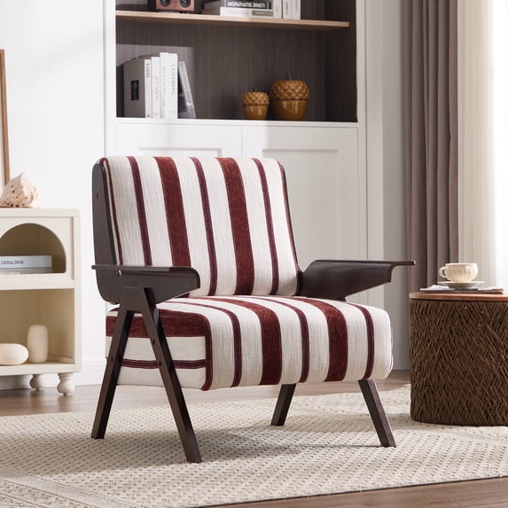 PAPROOS Accent Chair for Living Room, Mid-Century Modern Upholstered Reading Armchair with Solid Wood Arms, Comfy Bedroom Lounge Chair, White+Red