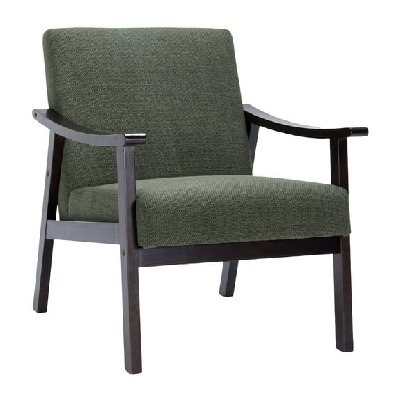 PAPROOS Accent Chair for Living Room, Mid-Century Modern Upholstered Reading Armchair with Solid Wood Arms, Comfy Bedroom Lounge Chair, Green