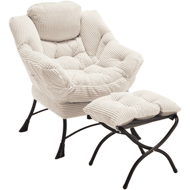 PAPROOS Accent Chair with Ottoman, Upholstered Fabric Reading Chair with Armrests, Footrest and Side Pocket, Modern Lounge Chair Comfy Lazy Chair for Living Room, Leisure Sofa Chair Set, White