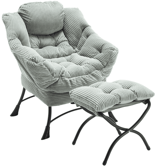 PAPROOS Accent Chair with Ottoman, Upholstered Fabric Reading Chair with Armrests, Footrest and Side Pocket, Modern Lounge Chair Comfy Lazy Chair for Living Room, Leisure Sofa Chair Set, Light Green