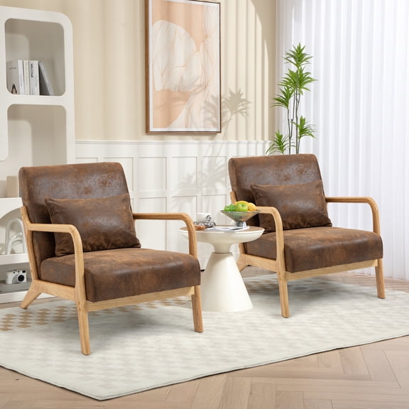 PAPROOS Accent Chair Set of 2, Mid-Century Modern Armchair with Solid Wood Frame and Pillow, PU Leather Upholstered Reading Chair for Living Room Bedroom, Brown