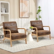 PAPROOS Accent Chair Set of 2, Mid-Century Modern Reading Chair with Solid Wood and Pillow, PU Leather Upholstered Comfy Living Room Armchairs, Brown