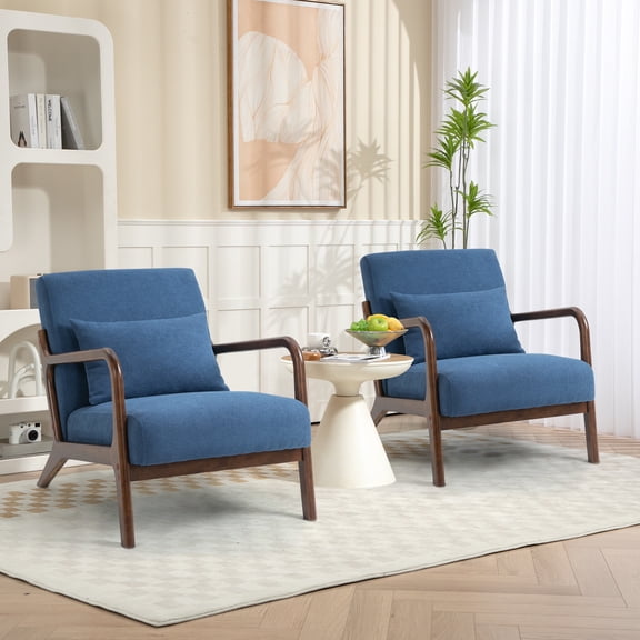 PAPROOS Accent Chair Set of 2, Mid-Century Modern Armchair with Solid Wood Frame and Pillow, Velvet Fabric Upholstered Reading Chair for Living Room Bedroom, Navy