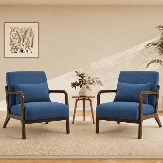 PAPROOS Accent Chair Set of 2, Mid-Century Modern Armchair with Solid Wood Frame and Pillow, Velvet Fabric Upholstered Reading Chair for Living Room Bedroom, Navy