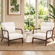 PAPROOS Accent Chair Set of 2, Mid-Century Modern Reading Chair with Solid Wood and Pillow, Linen Upholstered Comfy Living Room Armchairs, Beige