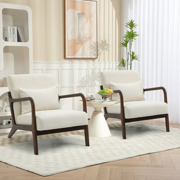 PAPROOS Accent Chair Set of 2, Mid-Century Modern Armchair with Solid Wood Frame and Pillow, Velvet Fabric Upholstered Reading Chair for Living Room Bedroom, Beige