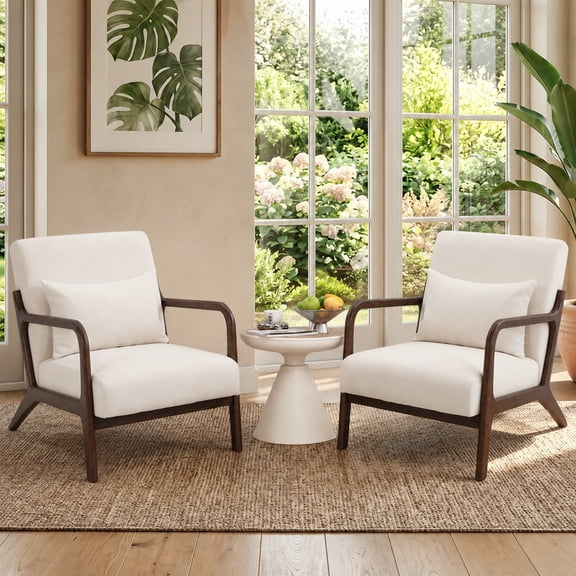 PAPROOS Accent Chair Set of 2, Mid-Century Modern Armchair with Solid Wood Frame and Pillow, Velvet Fabric Upholstered Reading Chair for Living Room Bedroom, Beige