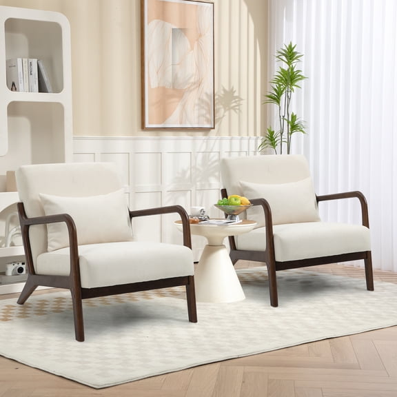 PAPROOS Accent Chair Set of 2, Mid-Century Modern Armchair with Solid Wood Frame and Pillow, Velvet Fabric Upholstered Reading Chair for Living Room Bedroom, Beige