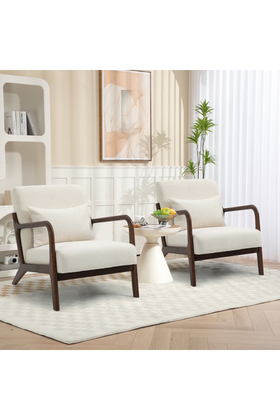 Accent Chair Set of 2, Mid-Century Modern Armchair with Solid Wood Frame and Pillow, Velvet Fabric Upholstered Reading Chair for Living Room Bedroom, Beige