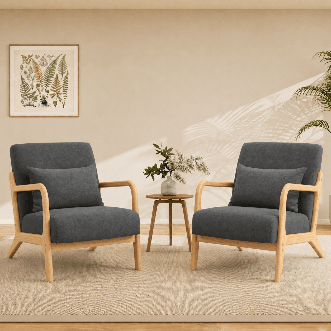 PAPROOS Accent Chair Set of 2, Mid-Century Modern Armchair with Solid Wood Frame and Pillow, Velvet Fabric Upholstered Reading Chair for Living Room Bedroom, Gray