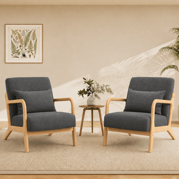 PAPROOS Accent Chair Set of 2, Mid-Century Modern Armchair with Solid Wood Frame and Pillow, Velvet Fabric Upholstered Reading Chair for Living Room Bedroom, Gray
