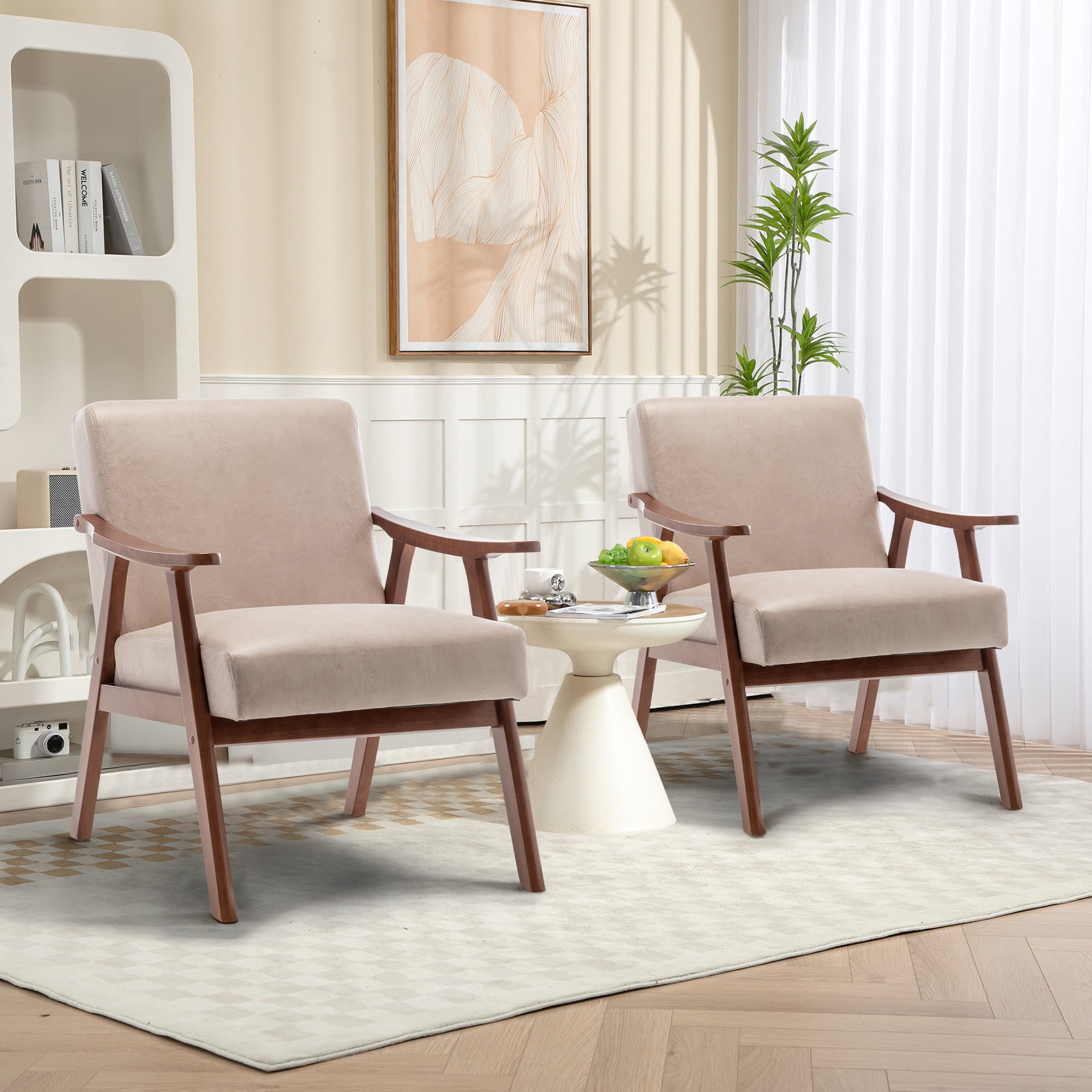 PAPROOS Accent Chair Set of 2, Mid-Century Modern Armchair with Solid Wood Frame and Pillow, Velvet Fabric Upholstered Reading Chair for Living Room Bedroom, Gray