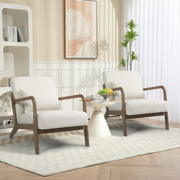 PAPROOS Accent Chair Set of 2, Mid-Century Modern Armchair with Solid Wood Frame and Pillow, Velvet Fabric Upholstered Reading Chair for Living Room Bedroom, White