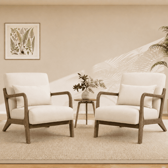 PAPROOS Accent Chair Set of 2, Mid-Century Modern Armchair with Solid Wood Frame and Pillow, Velvet Fabric Upholstered Reading Chair for Living Room Bedroom, White