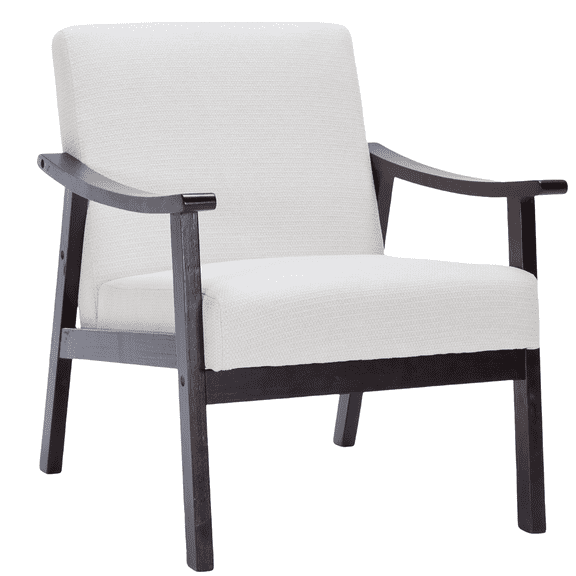 PAPROOS Accent Chair for Living Room, Mid-Century Modern Upholstered Reading Armchair with Solid Wood Arms, Comfy Bedroom Lounge Chair, White