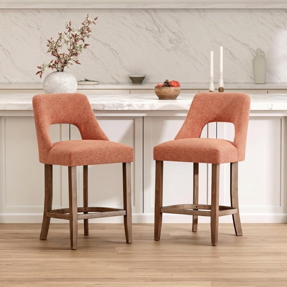 PAPROOS Bar Stools Set of 2, Upholstered Counter Height Bar Stools, Modern Counter Stools with Solid Wood Legs for Kitchen Island Dining Room Bar, Orange