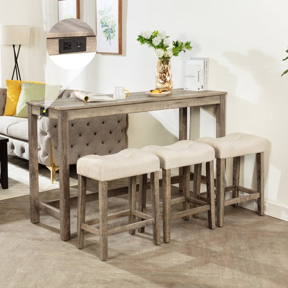 PAPROOS 4 Piece Bar Table Set with USB Port and Power Outlet, 59" Counter Height Dining Table Set with 3 Upholstered Saddle Stools, Space Saving Kitchen Table Set for Small Spaces, Apartment, Brown