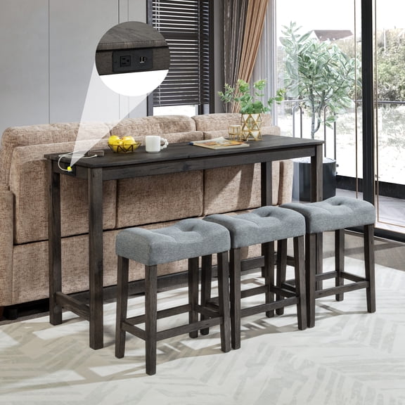 PAPROOS 4 Piece Bar Table Set with USB Port, 59" Counter Height Dining Table Set with 3 Upholstered Saddle Stools, Space Saving Kitchen Table Set for Small Spaces, Apartment, Dark Gray