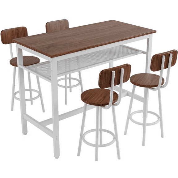 PAPROOS Bar Table Set of 5, 5 Piece Counter Height Dining Table and Chairs Set for Kitchen Breakfast Nook, Dining Room Pub Bistro Table and Bottom Shelf, Kitchen Table Sets with Stools, Brown