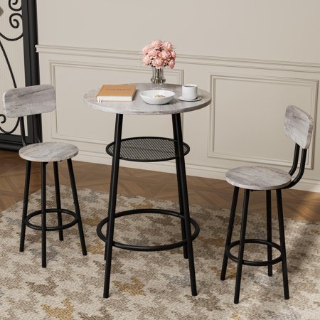 PAPROOS Bar Table Set for 2, Wood Tabletop and Chairs with Back, Small Dining Table for Kitchen Breakfast Nook Living Room Dinette,Gray+Black