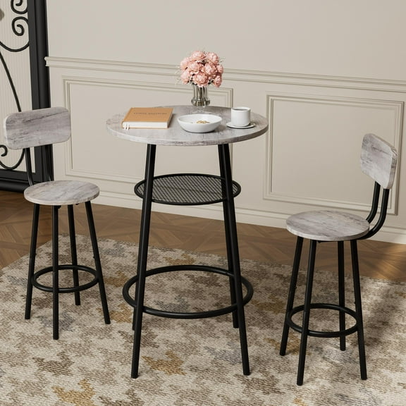 PAPROOS Bar Table Set for 2, Wood Tabletop and Chairs with Back, Small Dining Table for Kitchen Breakfast Nook Living Room Dinette,Gray+Black