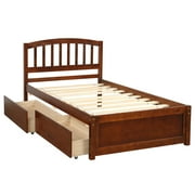 PAPROOS Bed Frame with Storage, Twin Size Wood Platform Bed with 2 Drawers, Modern Twin Size Bed for Boys Girls Teens Adults, No Box Spring Needed, Walnut